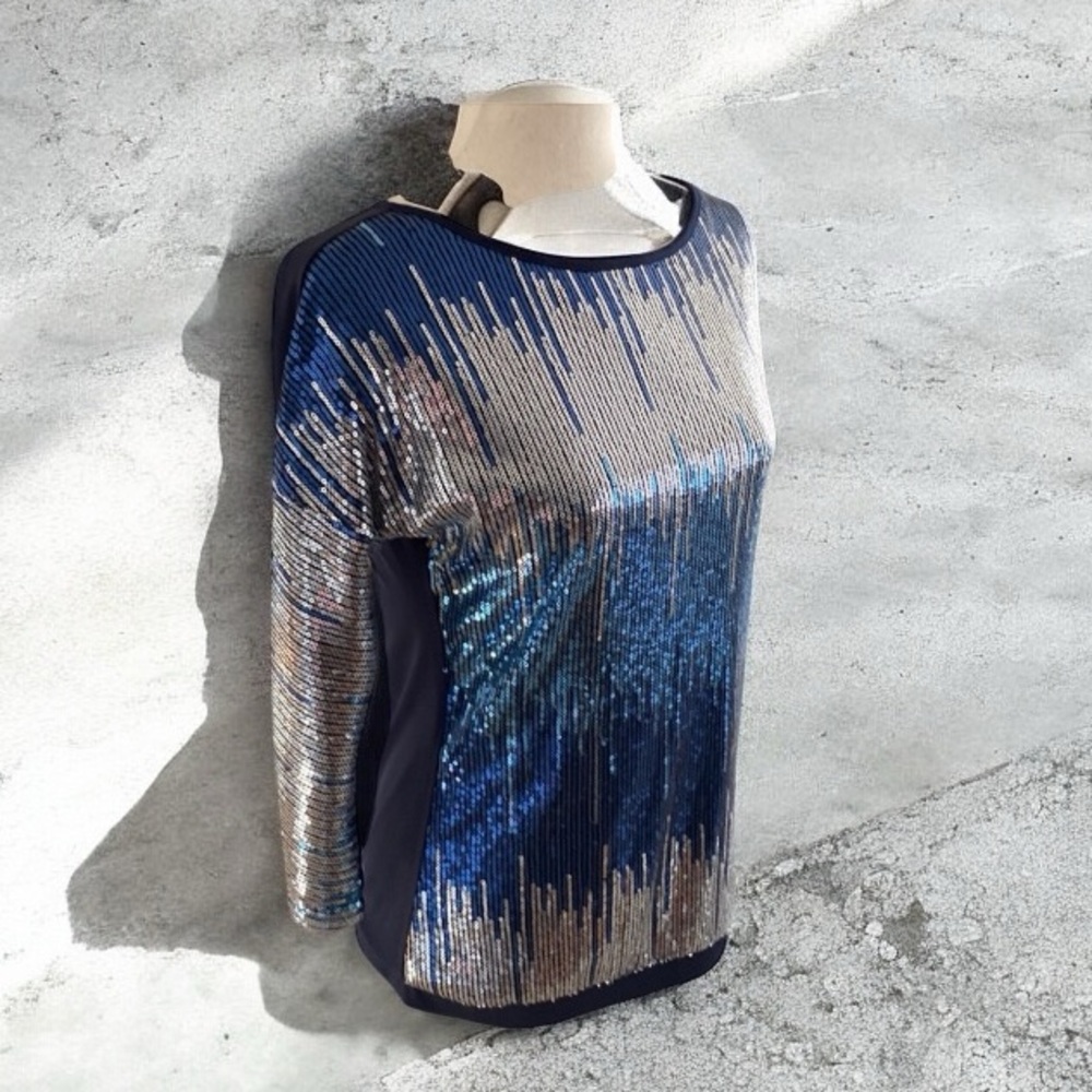 ~ Naeem Khan’s Tiny Sequins Blouse in Shades of Blue & Silver~Exquisite~size XS - Picture 9 of 14